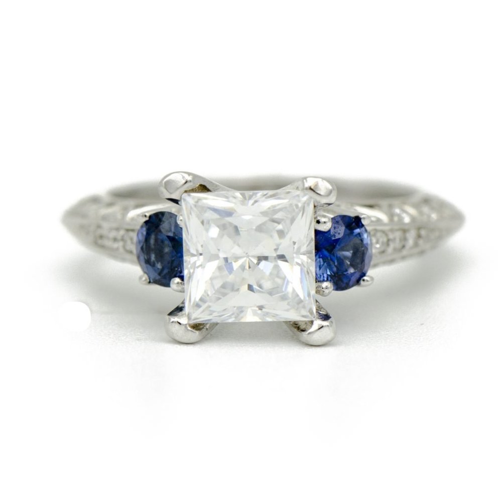 18k White Gold Sapphire Accent Engagement Ring